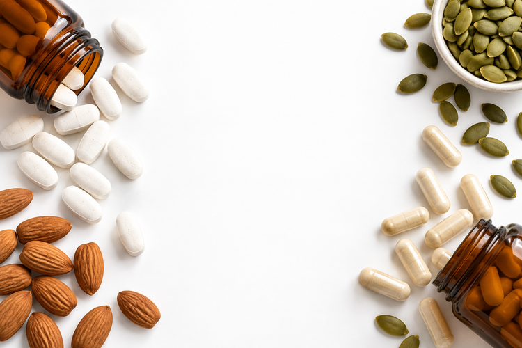 Minerals collection — supplements, almonds and pumpkin seeds