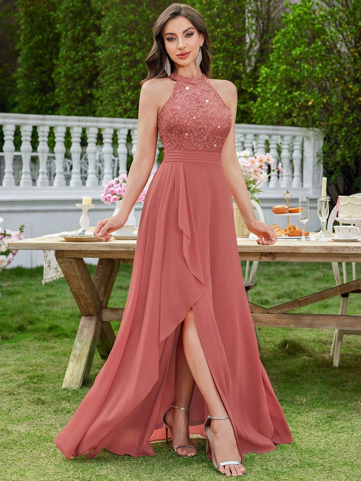 Women's Sequin Floral Lace Halter Neck Evening Gown