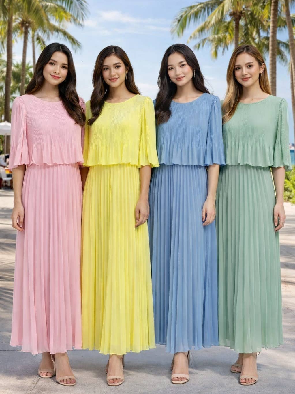 Wholesale Plain Crew Cape Pleated Plisse Maxi Dress