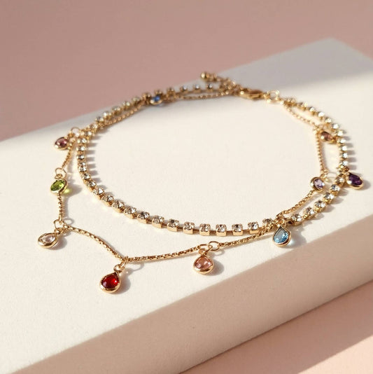 Wholesale Layered Rainbow Crystal Charm Tennis Anklet