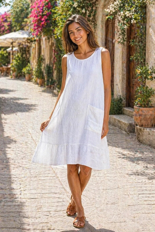 Italian Sleeveless Cheesecloth Midi Dress Uk | Cotton Summer Dress with Pocket