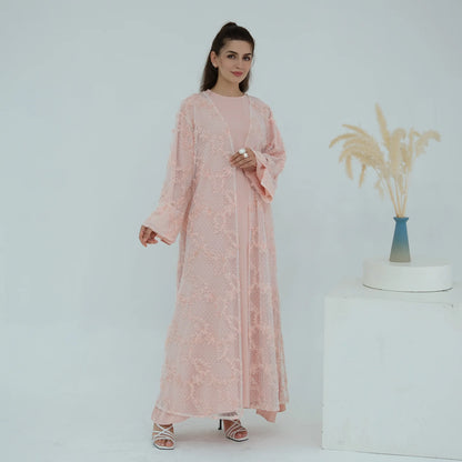 2pcs Abaya with Hijab Women Ramadan Muslim Dress Jilbab Kebaya Islam Kaftan Robe 3D Floral Mesh Abayas 2026 Eid Mubarak Dresses