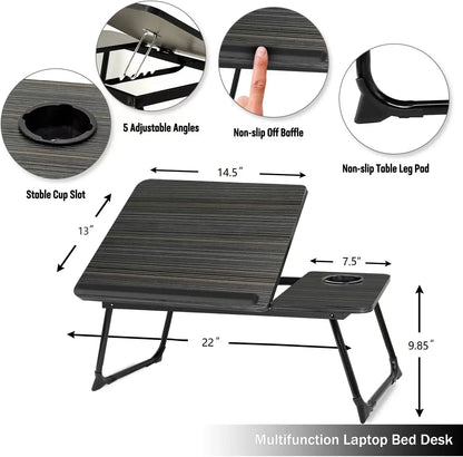 Work/Study in Bed Comfortably  Adjustable & Foldable Lap Desk with Cup Holder, Ventilated Design Prevents Overheating.